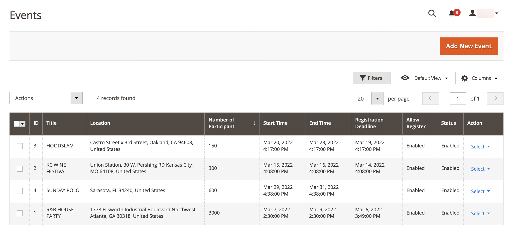 event management on admin panel